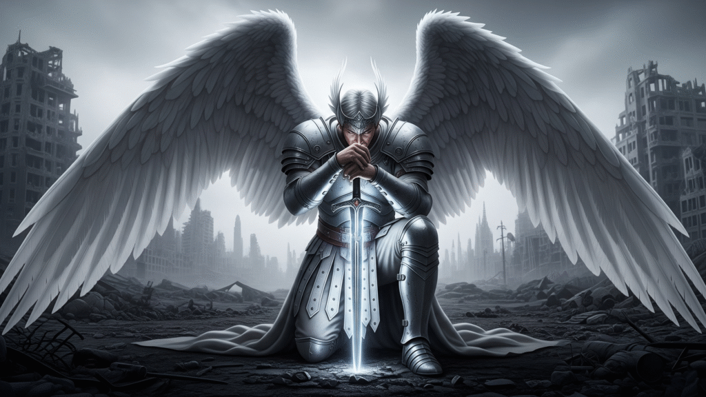 An angel warrior kneeling in ruined city wallpaper