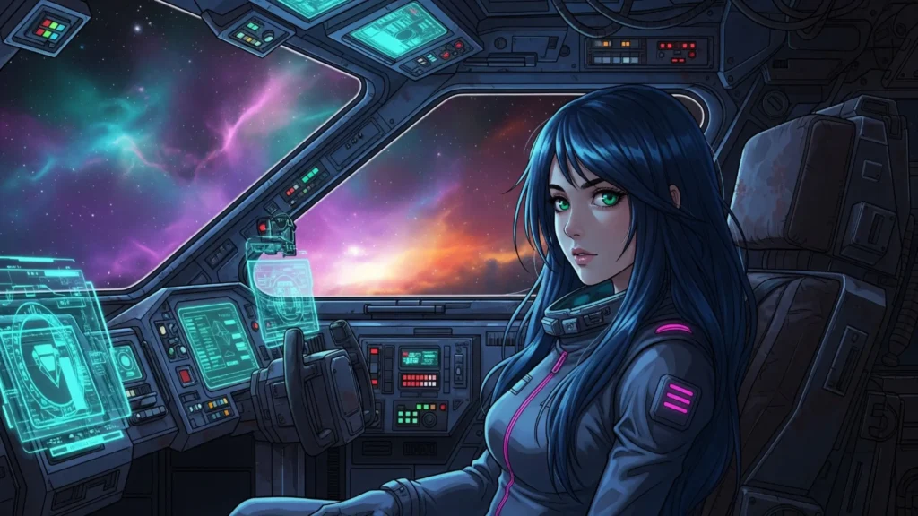 Anime girl in spaceship cockpit wallpaper