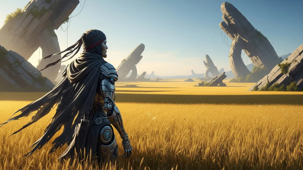 A cybernetic warrior gazes out over crop fields strewn with stone momuments