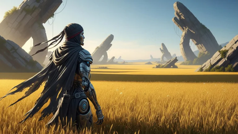 A cybernetic warrior gazes out over crop fields strewn with stone momuments
