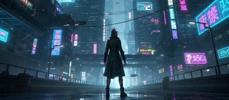 Girl Standing Cyberpunk City / Free UHD Wallpaper