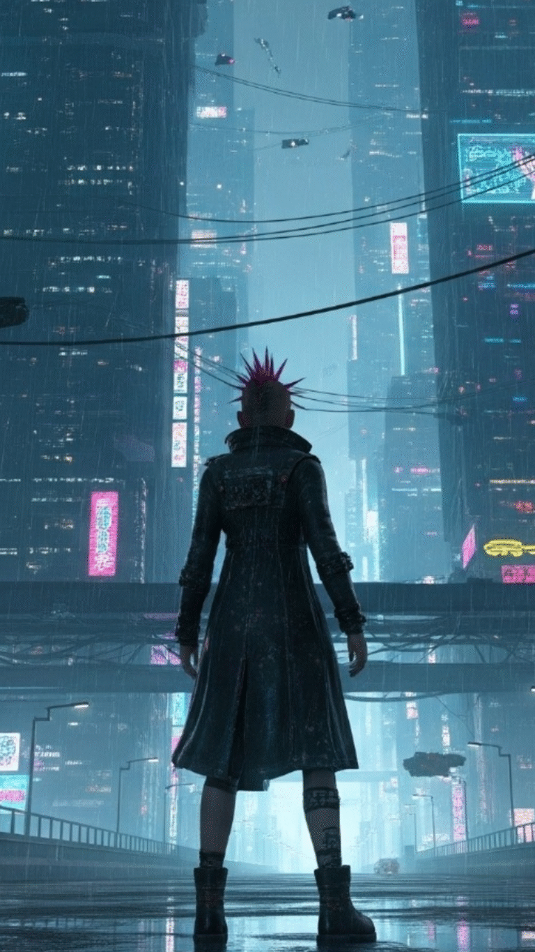 Girl Standing Cyberpunk City / Free UHD Wallpaper