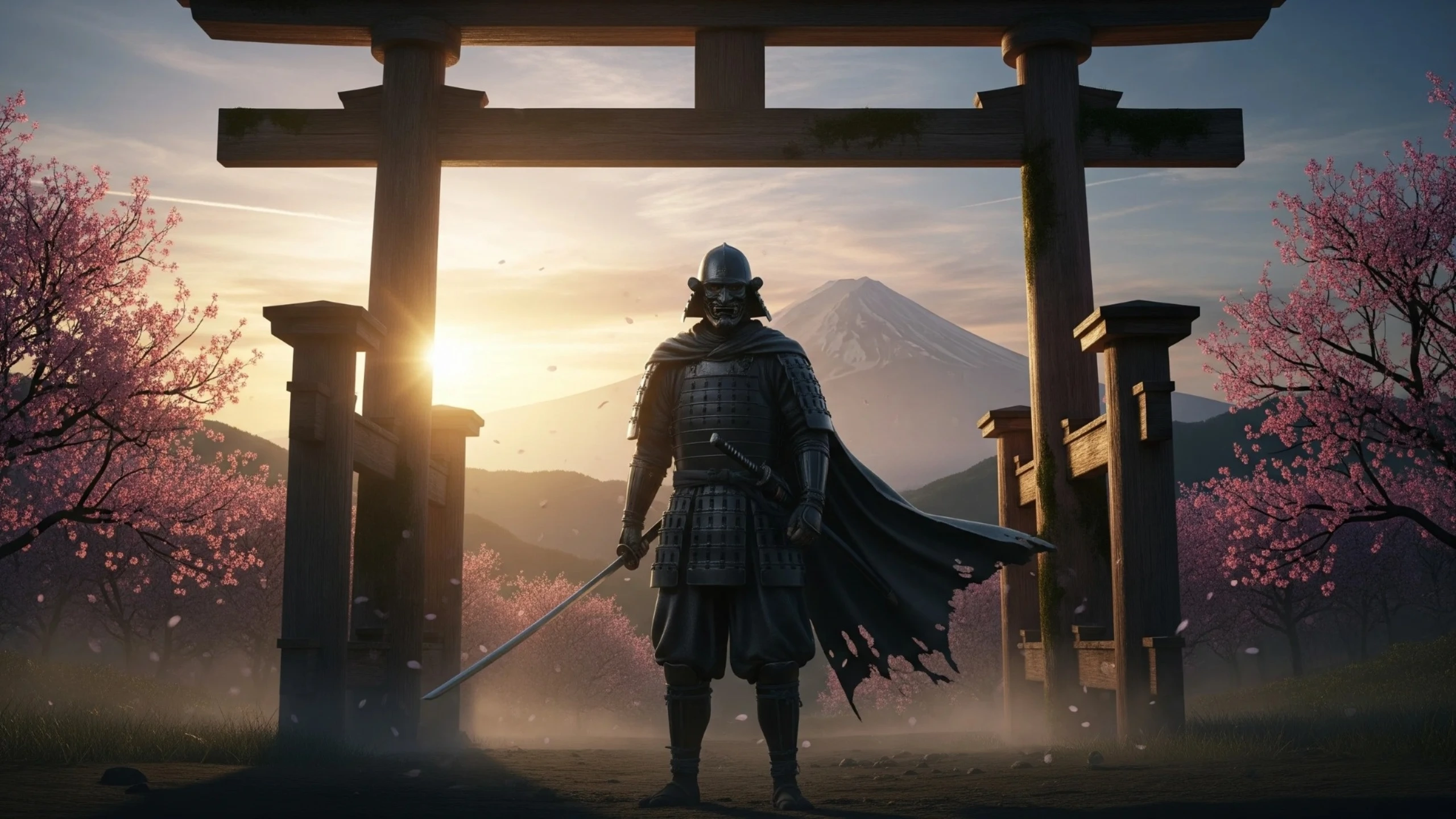 japanese warrior under torii gate wallpaper
