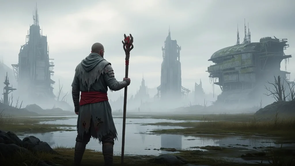 a man in worn robes holding a magical staff surveys a desolate industrial wasteland. Free wallpaper.