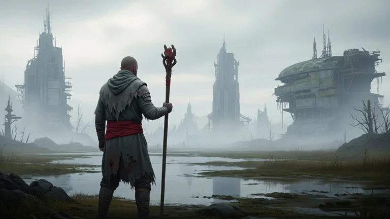 a man in worn robes holding a magical staff surveys a desolate industrial wasteland. Free wallpaper.