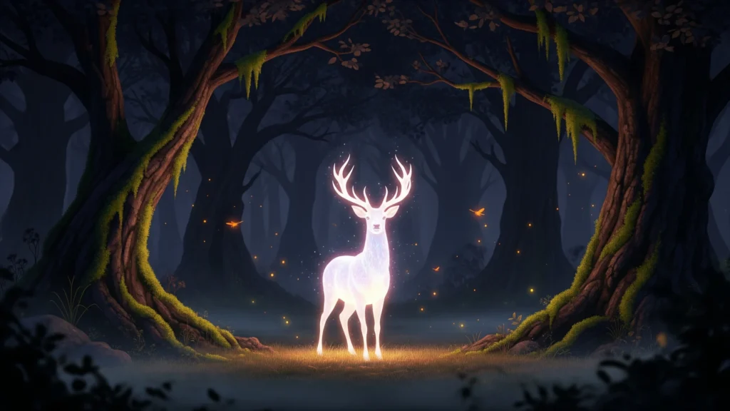 Glowing white deer in fantasy forest wallpaper