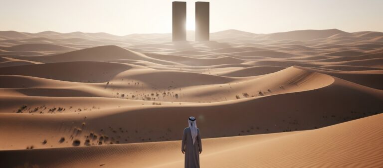Man In Desert Monoliths / Free UHD Wallpaper