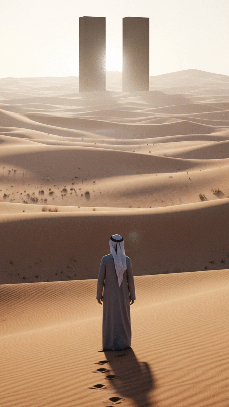 Man In Desert Monoliths / Free UHD Wallpaper