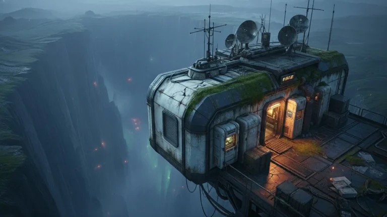 A sci fi transmitter station over ravine wallpaper