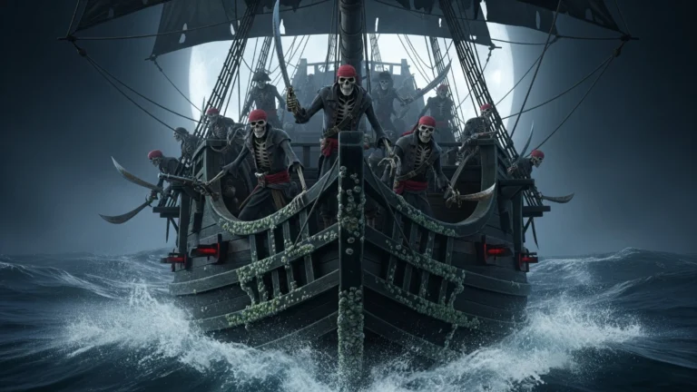 A spooky pirate ship crewed by skeletons wallpaper