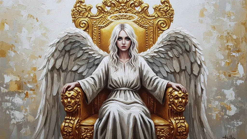 A beautiful angel on a golden throne wallpaper