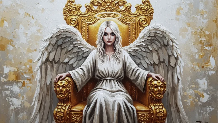 A beautiful angel on a golden throne wallpaper